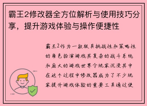 霸王2修改器全方位解析与使用技巧分享，提升游戏体验与操作便捷性
